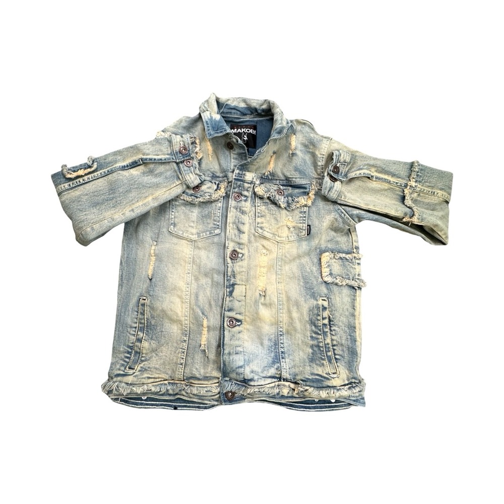 Makobi Denim Jacket Mens XL Blue Distressed Frayed Premium Cotton Trucker Coat - Picture 10 of 12